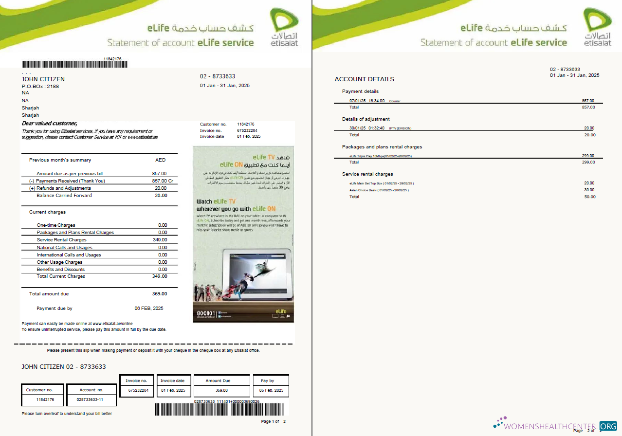 download UAE Etisalat utility bill template in Word and PDF formats, 2 pages, version 2 PDF template